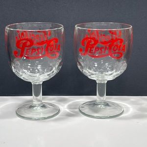 2 Pepsi Cola Vtg Thumbprint Footed Glass Goblets (T43)